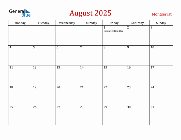 Montserrat August 2025 Calendar - Monday Start