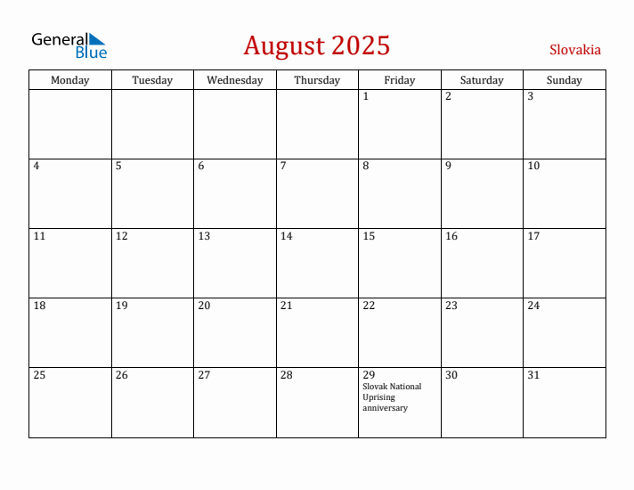Slovakia August 2025 Calendar - Monday Start