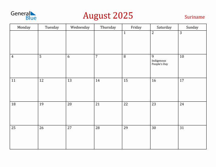 Suriname August 2025 Calendar - Monday Start