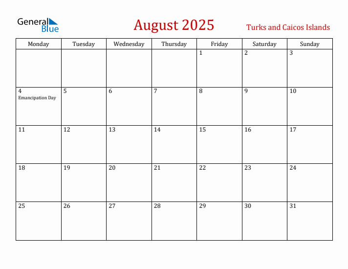Turks and Caicos Islands August 2025 Calendar - Monday Start