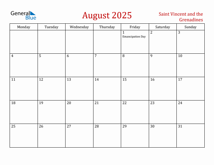 Saint Vincent and the Grenadines August 2025 Calendar - Monday Start