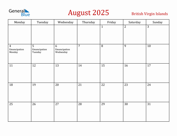British Virgin Islands August 2025 Calendar - Monday Start