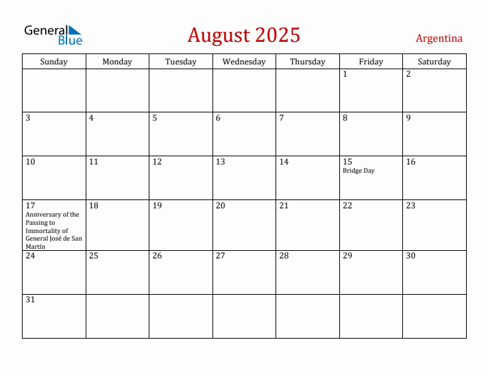Argentina August 2025 Calendar - Sunday Start