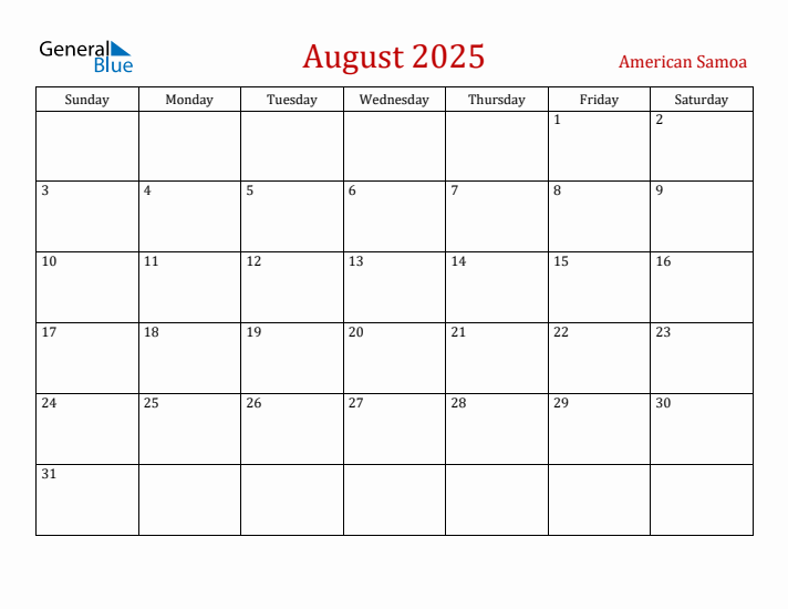 American Samoa August 2025 Calendar - Sunday Start