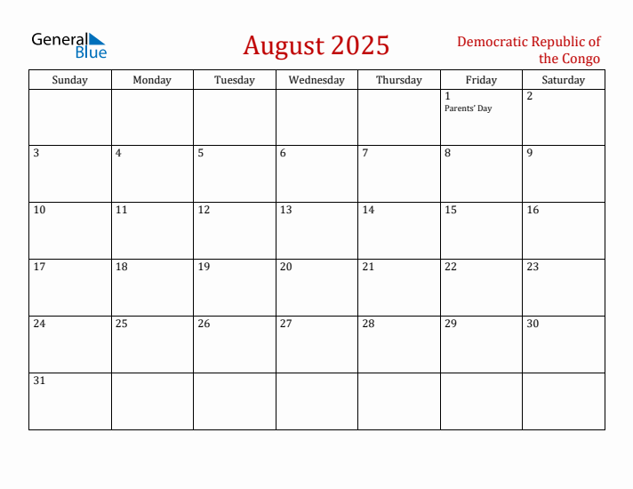 Democratic Republic of the Congo August 2025 Calendar - Sunday Start