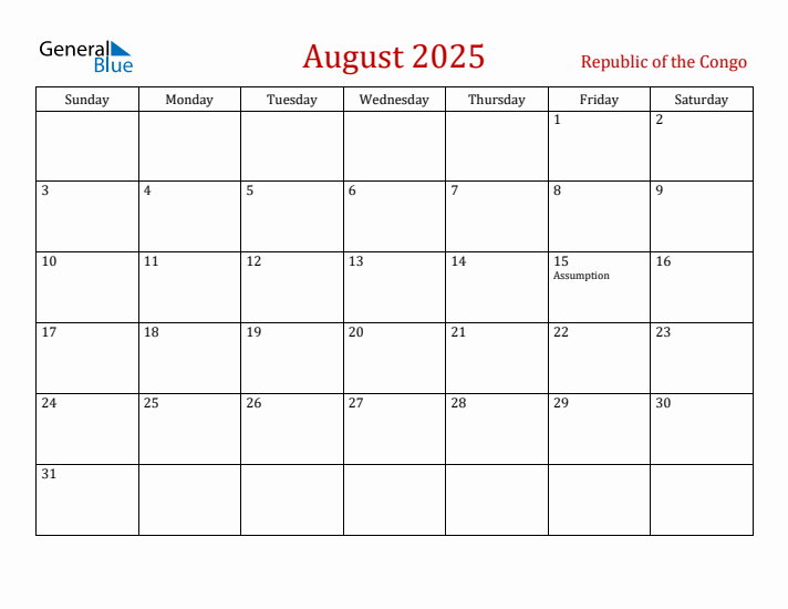 Republic of the Congo August 2025 Calendar - Sunday Start