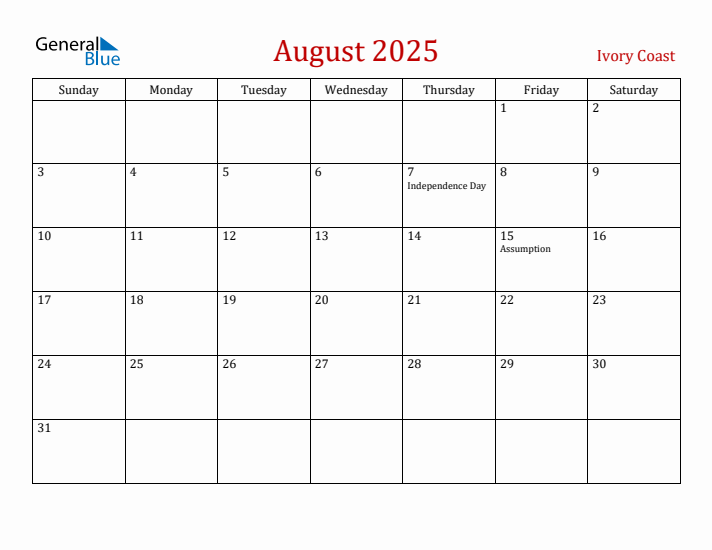 Ivory Coast August 2025 Calendar - Sunday Start