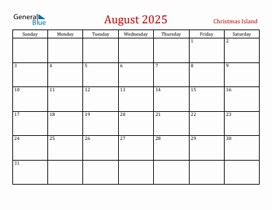 Current month calendar with Christmas Island holidays for August 2025