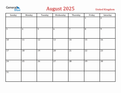 Current month calendar with United Kingdom holidays for August 2025