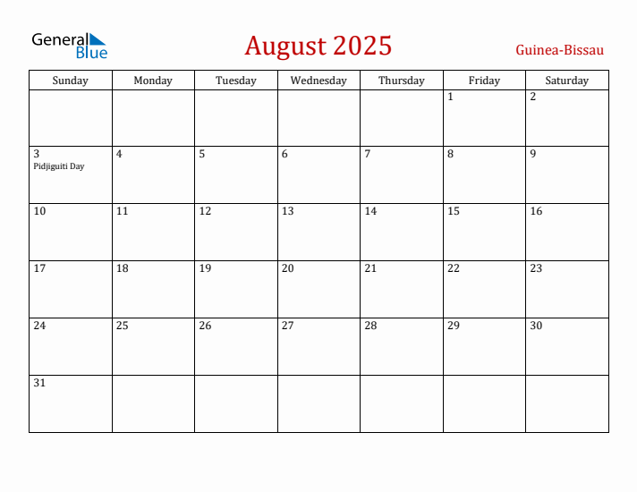 Guinea-Bissau August 2025 Calendar - Sunday Start