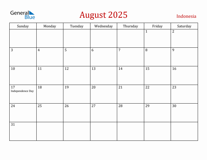Indonesia August 2025 Calendar - Sunday Start