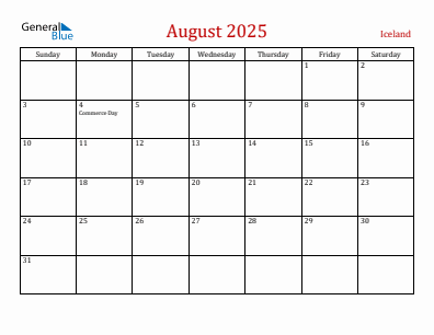 Current month calendar with Iceland holidays for August 2025
