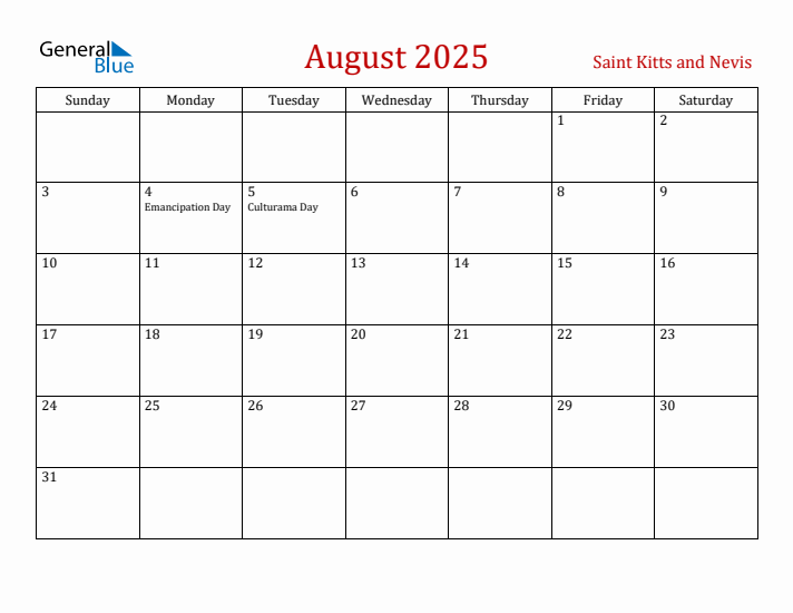 Saint Kitts and Nevis August 2025 Calendar - Sunday Start