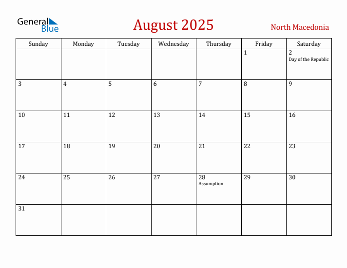 North Macedonia August 2025 Calendar - Sunday Start