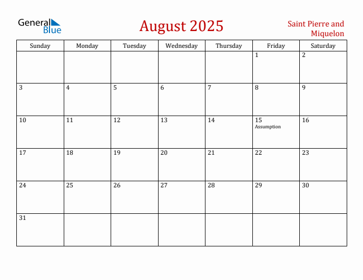 Saint Pierre and Miquelon August 2025 Calendar - Sunday Start