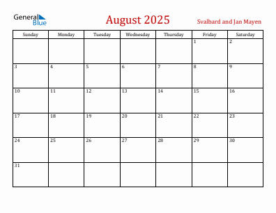 Current month calendar with Svalbard and Jan Mayen holidays for August 2025