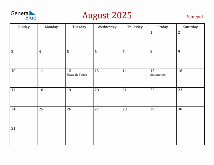 Senegal August 2025 Calendar - Sunday Start