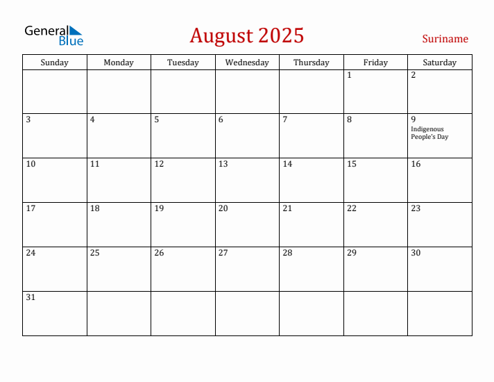 Suriname August 2025 Calendar - Sunday Start