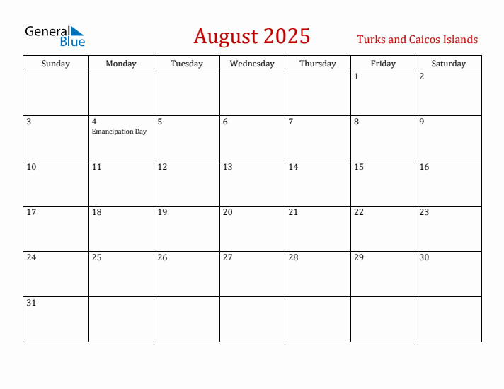 Turks and Caicos Islands August 2025 Calendar - Sunday Start