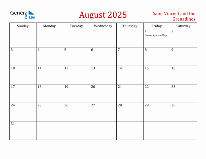 Saint Vincent and the Grenadines August 2025 Calendar - Sunday Start