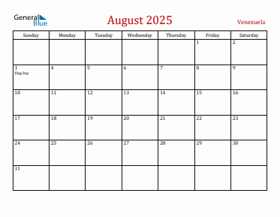 Current month calendar with Venezuela holidays for August 2025