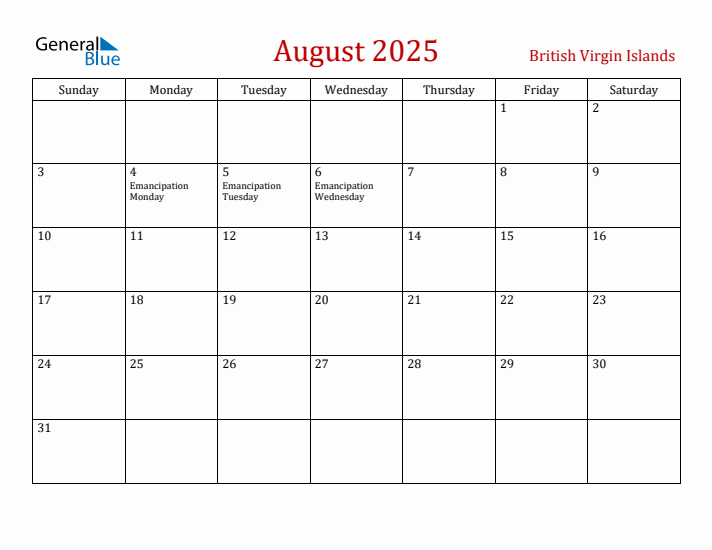 British Virgin Islands August 2025 Calendar - Sunday Start