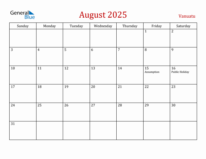 Vanuatu August 2025 Calendar - Sunday Start