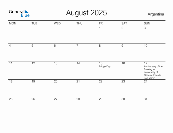 Printable August 2025 Calendar for Argentina