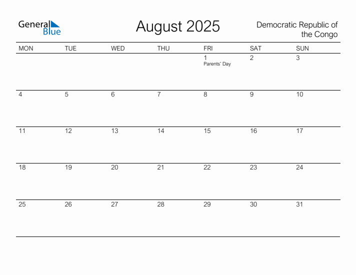 Printable August 2025 Calendar for Democratic Republic of the Congo