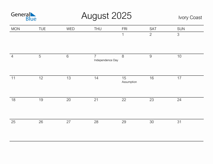 Printable August 2025 Calendar for Ivory Coast