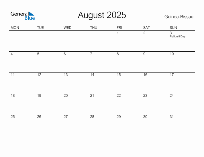 Printable August 2025 Calendar for Guinea-Bissau