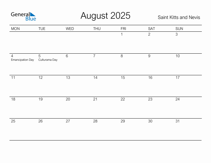 Printable August 2025 Calendar for Saint Kitts and Nevis