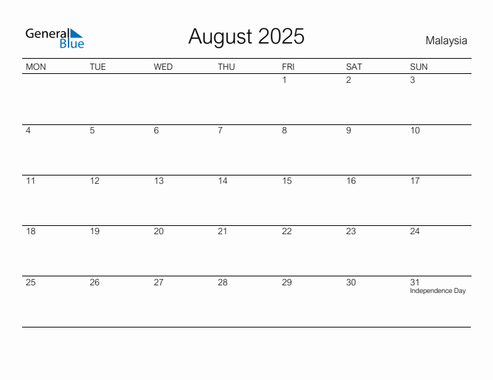 Printable August 2025 Calendar for Malaysia