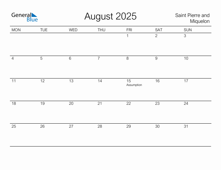Printable August 2025 Calendar for Saint Pierre and Miquelon