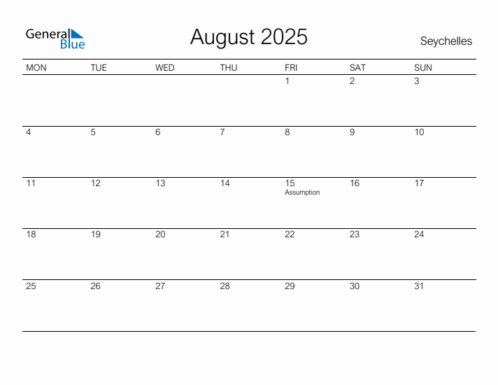 Printable August 2025 Calendar for Seychelles