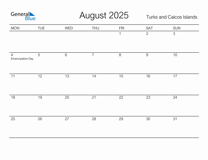 Printable August 2025 Calendar for Turks and Caicos Islands
