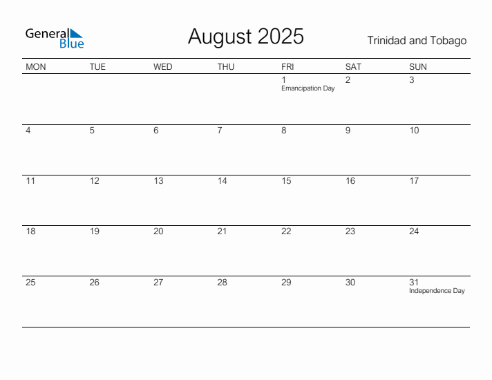 Printable August 2025 Calendar for Trinidad and Tobago