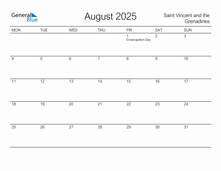 Printable August 2025 Calendar for Saint Vincent and the Grenadines