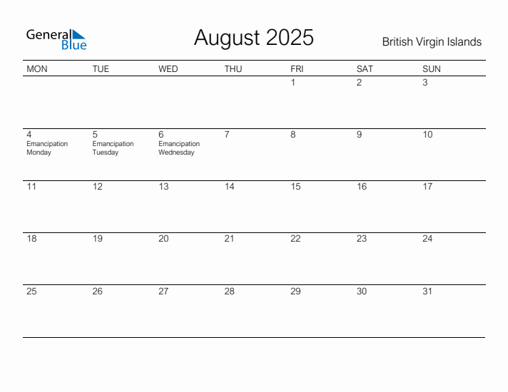 Printable August 2025 Calendar for British Virgin Islands