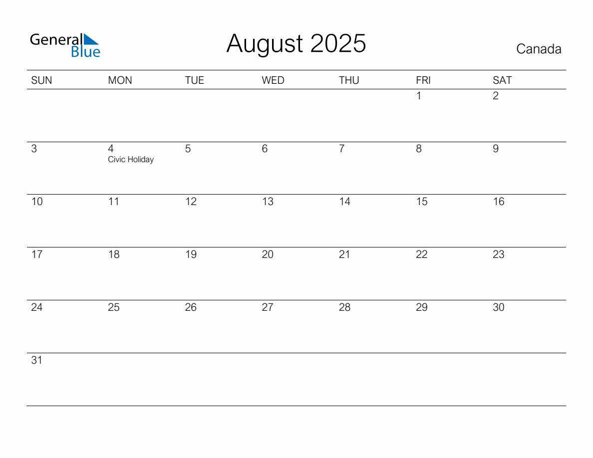Printable august 2025 monthly calendar with holidays for canada