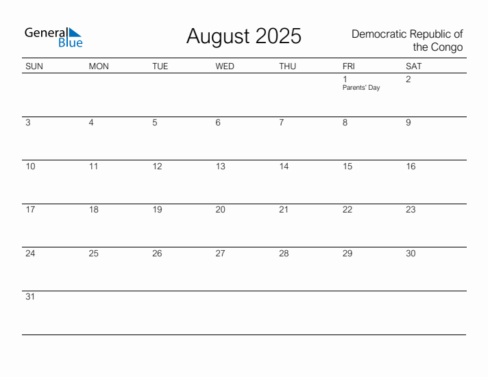 Printable August 2025 Calendar for Democratic Republic of the Congo