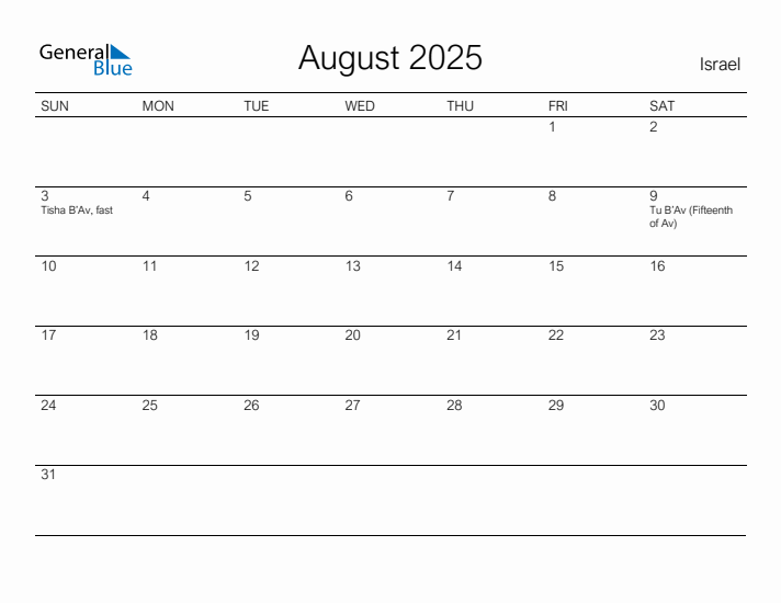 Printable August 2025 Calendar for Israel