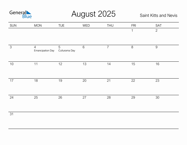 Printable August 2025 Calendar for Saint Kitts and Nevis