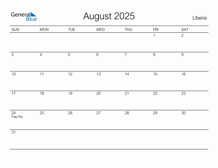 Printable August 2025 Calendar for Liberia