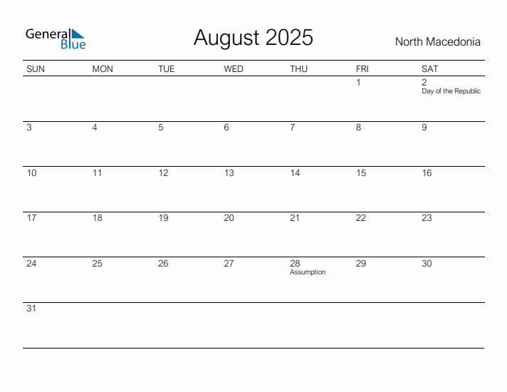 Printable August 2025 Calendar for North Macedonia