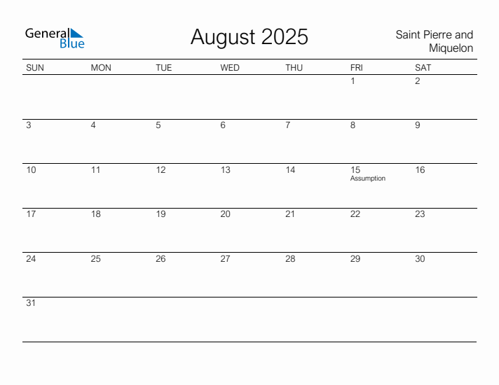 Printable August 2025 Calendar for Saint Pierre and Miquelon