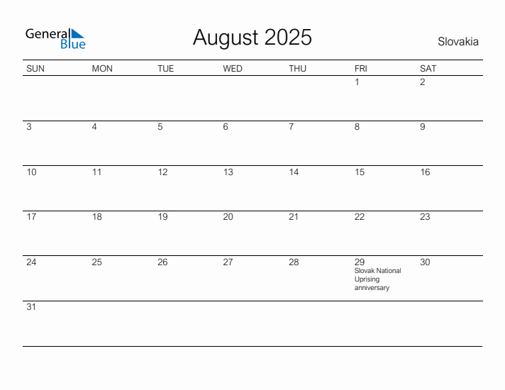 Printable August 2025 Calendar for Slovakia