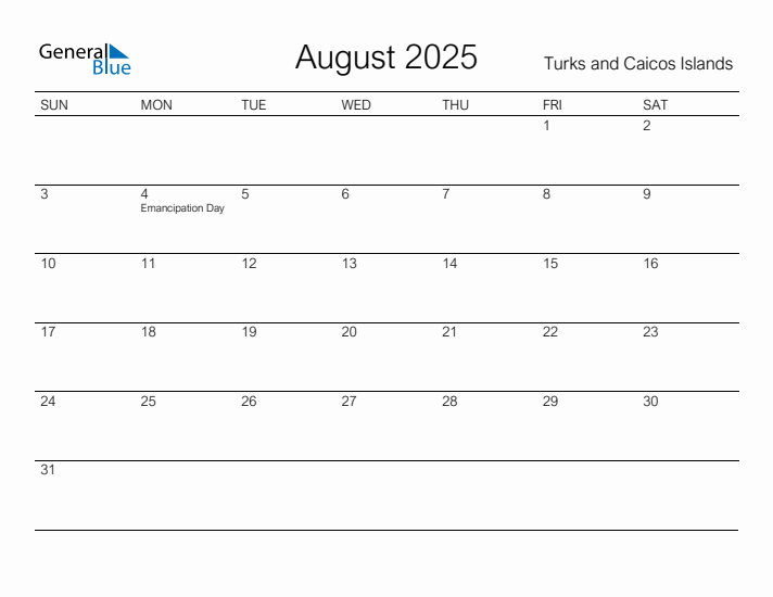 Printable August 2025 Calendar for Turks and Caicos Islands