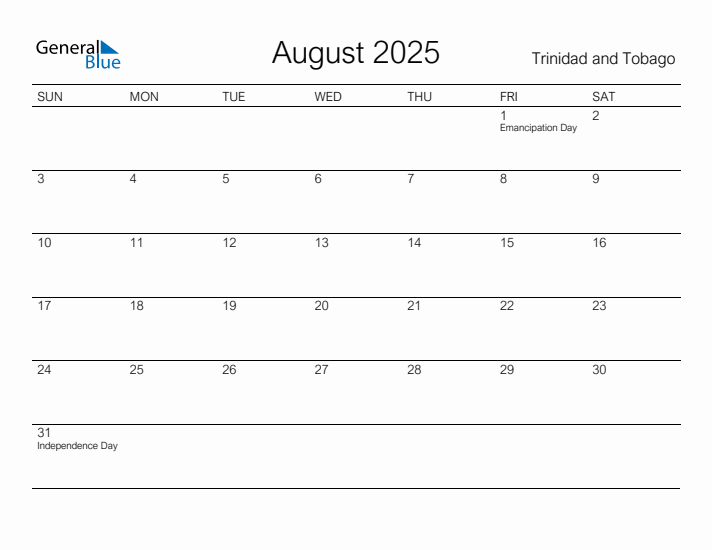 Printable August 2025 Calendar for Trinidad and Tobago