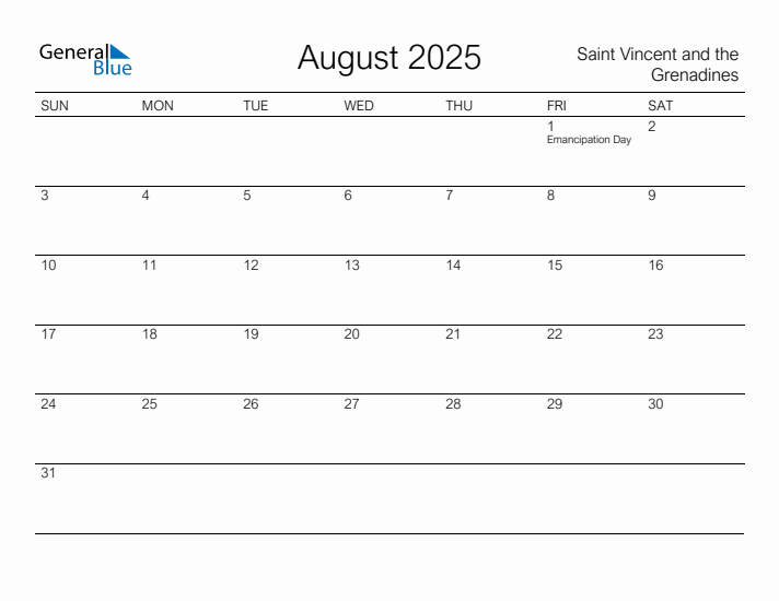 Printable August 2025 Calendar for Saint Vincent and the Grenadines